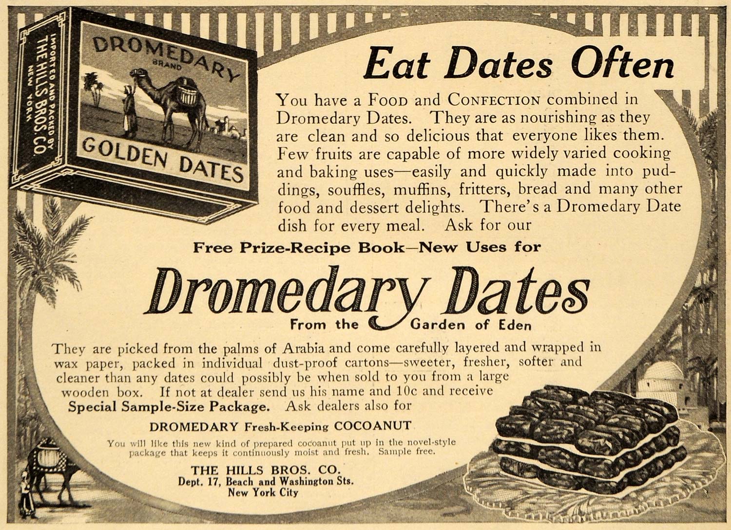 1911 Ad Dromedary Dates Cocoanut Recipe Book Hills Bros - ORIGINAL EM1