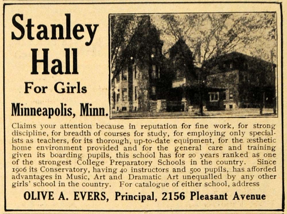 1911 Ad Stanley Hall Olive Evers College Preparatory - ORIGINAL ADVERTISING EM1