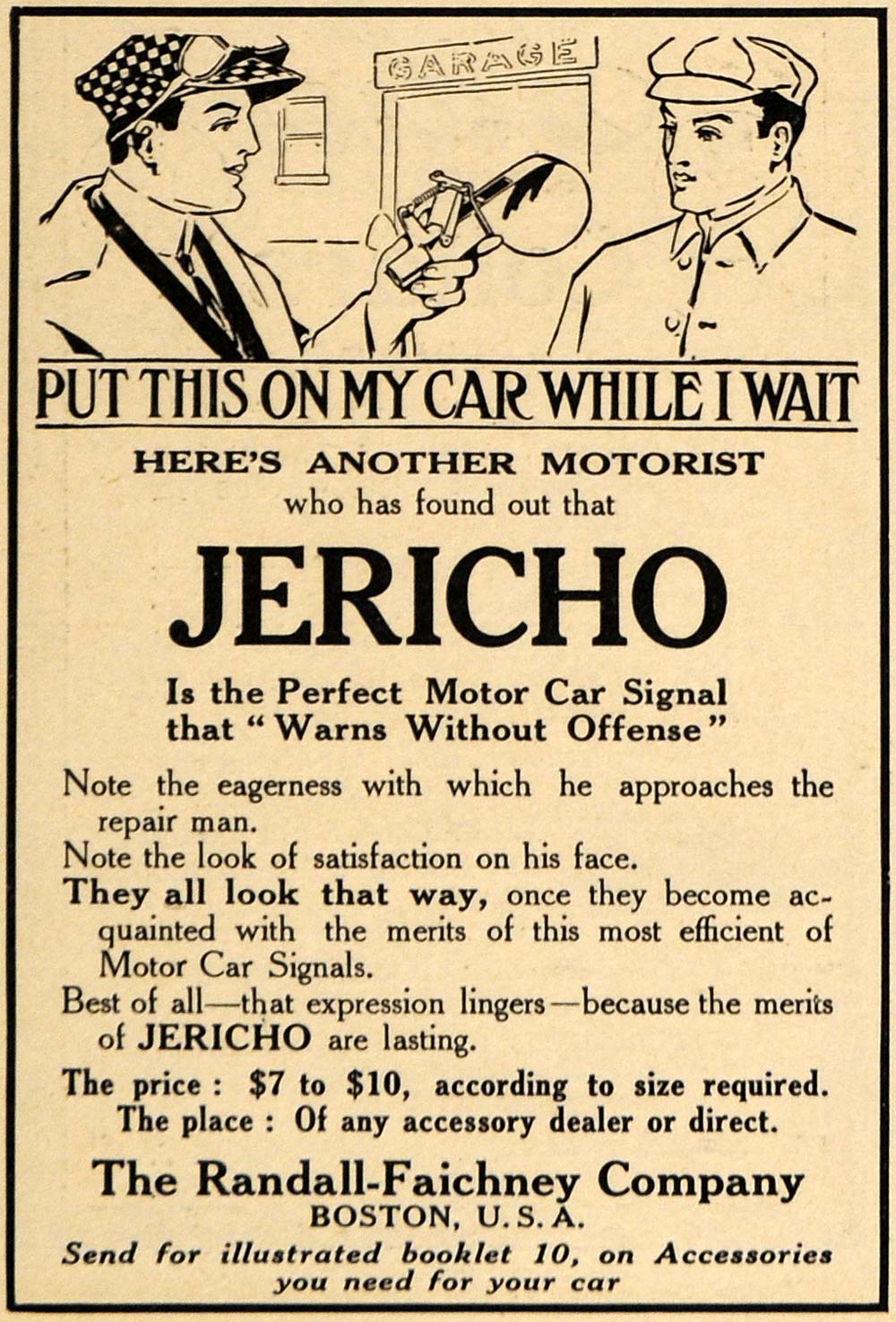 1911 Ad Motor Car Signal Jericho Randall Faichney Warns - ORIGINAL EM1