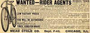 1911 Ad Ranger Bicycle Rider Agents Coaster Mead Cycle - ORIGINAL EM1