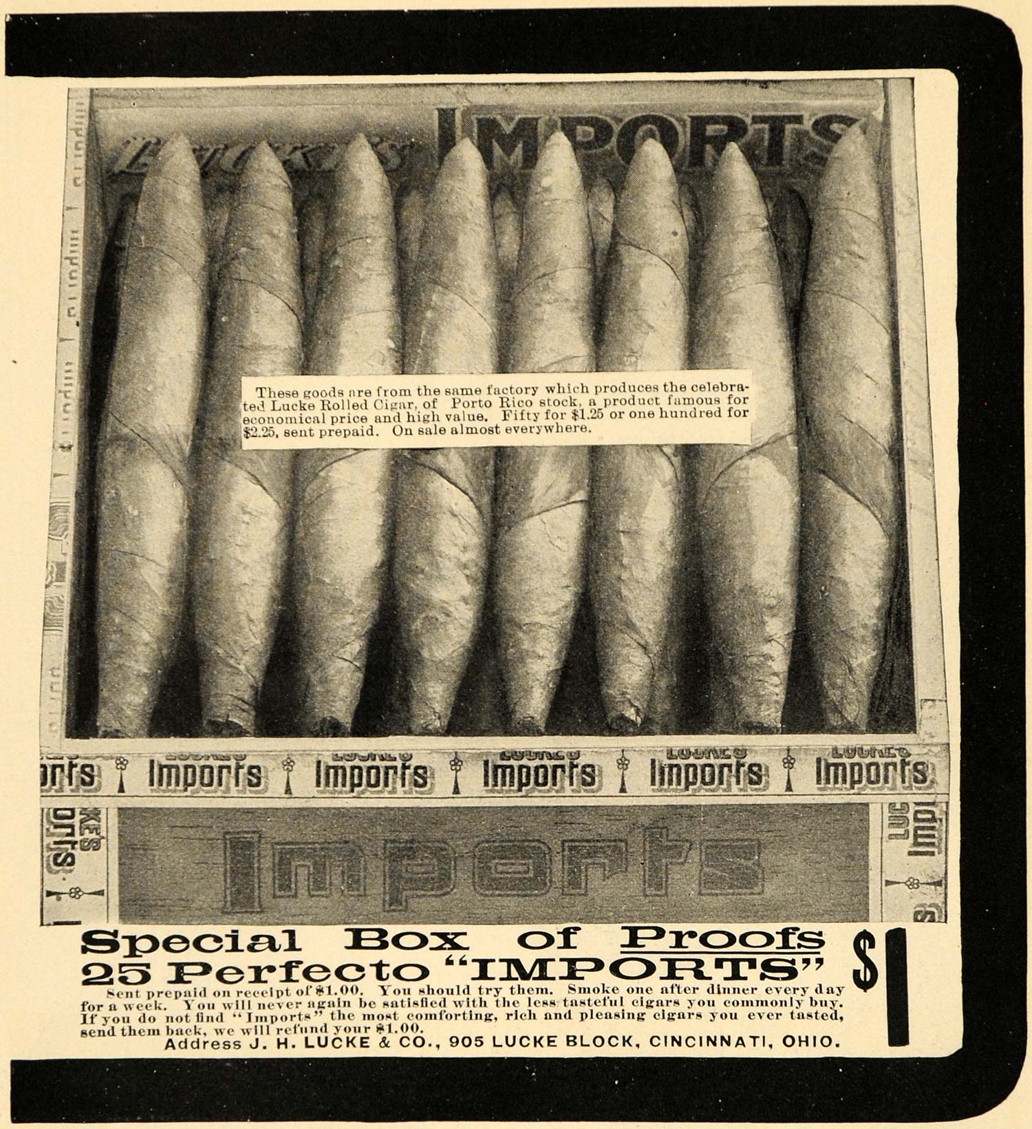 1901 Ad J. H. Lucke Rolled Cigar Proof Perfecto Tobacco - ORIGINAL EM2