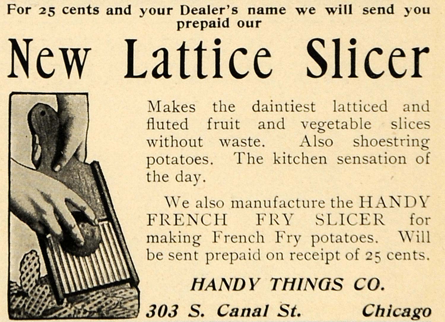 1901 Ad Handy Things Lattice Fruit Vegetable Slicer - ORIGINAL ADVERTISING EM2