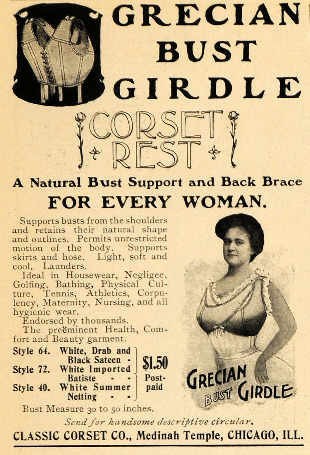 1901 Ad Classic Corset Grecian Bust Back Girdle Chicago - ORIGINAL EM2