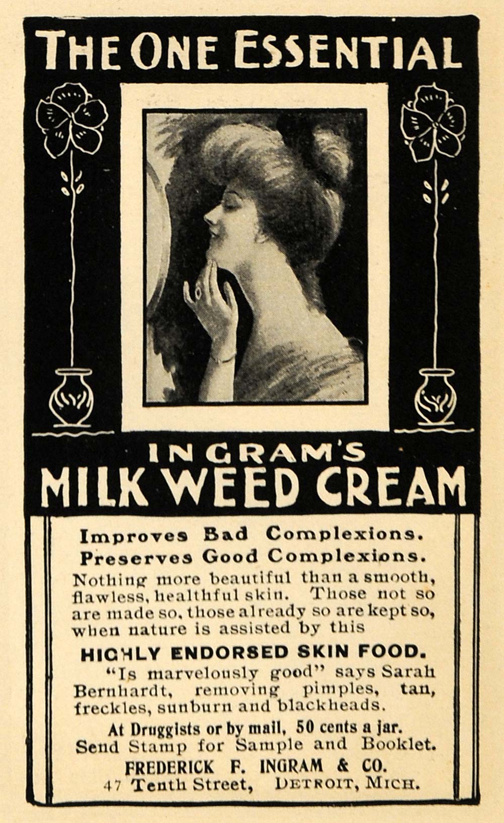 1902 Ad Frederick F. Ingram Milk Weed Face Cream Woman - ORIGINAL EM2