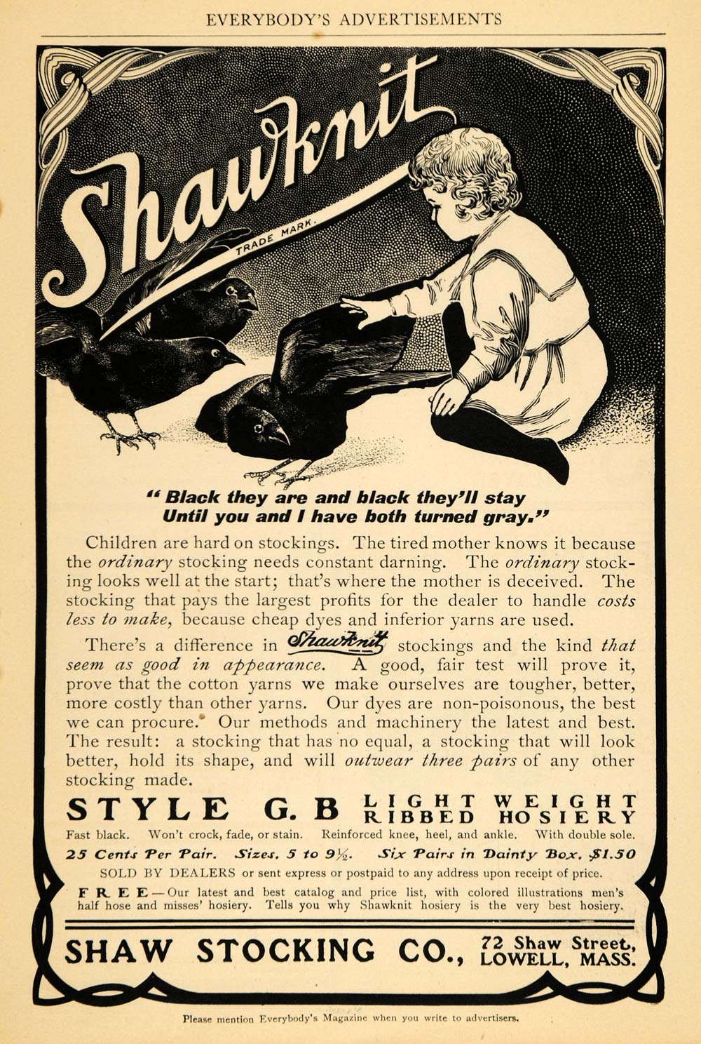 1902 Ad Shaw Stockings Ribbed Hosiery Boy Crow Shawknit - ORIGINAL EM2