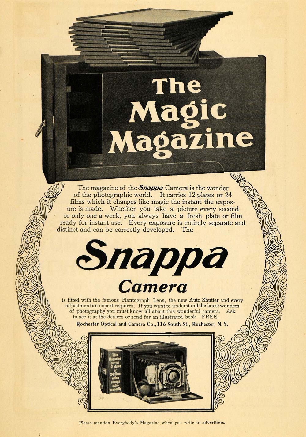 1902 Ad Rochester Optical Cameras Snappa Magic Magazine - ORIGINAL EM2