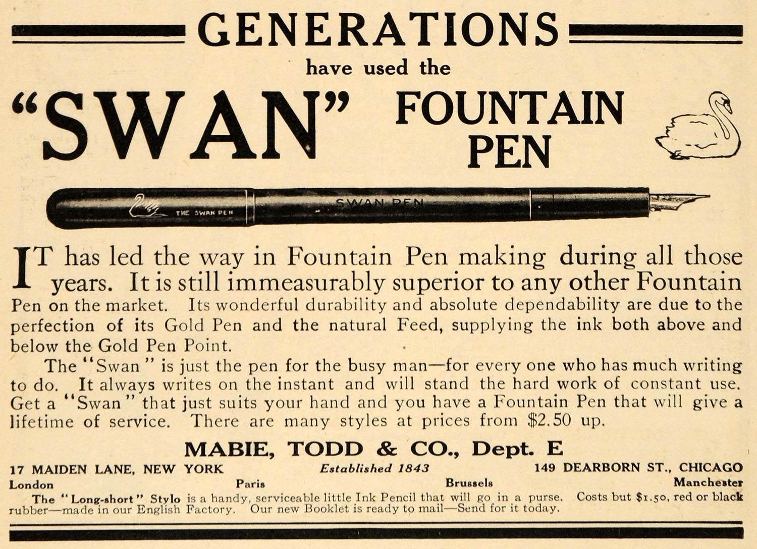 1909 Ad Mabie Todd & Co Swan Fountain Vintage Gold Pen - ORIGINAL EM2