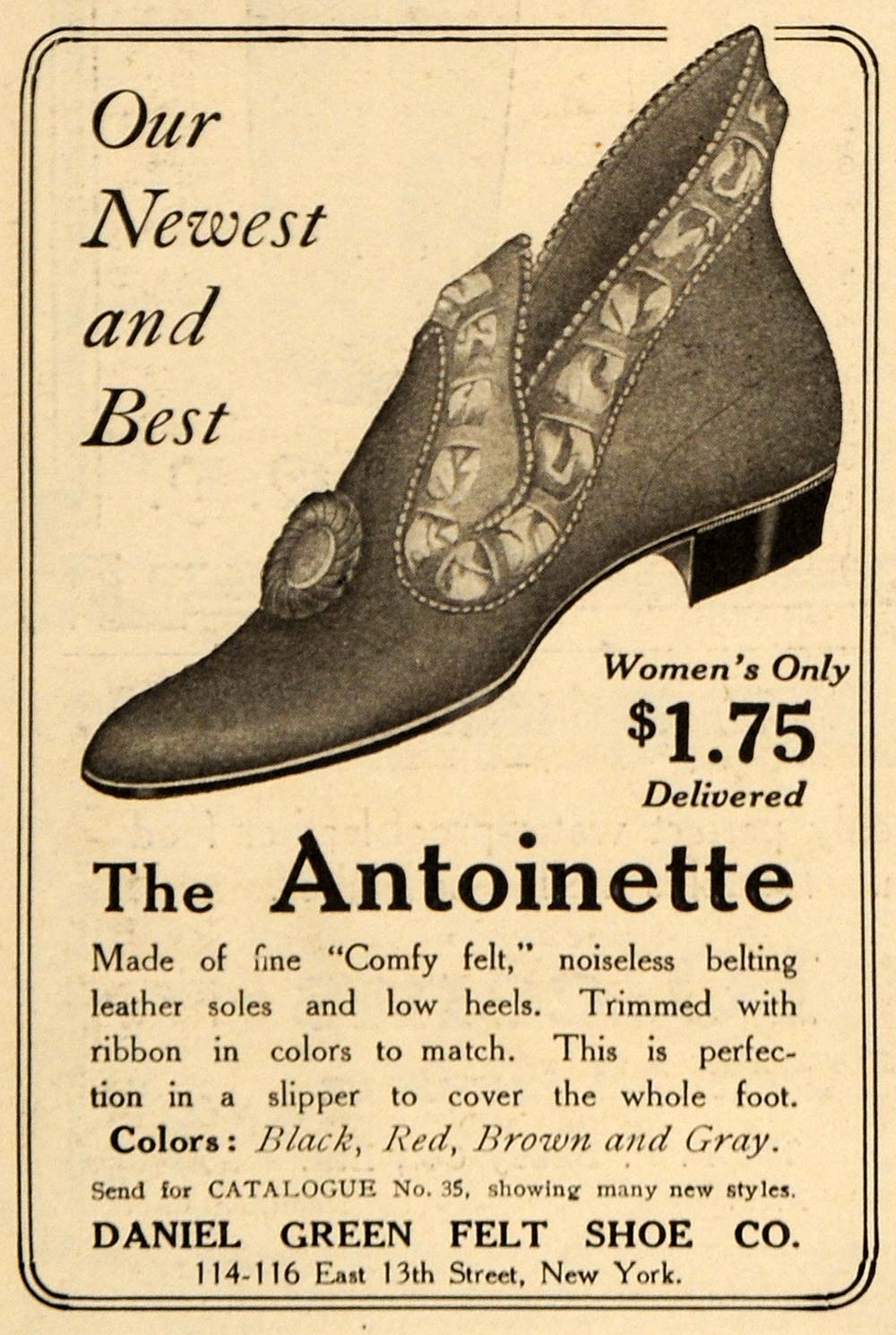 1909 Ad Daniel Green Felt Women Shoe Antoinette Wear