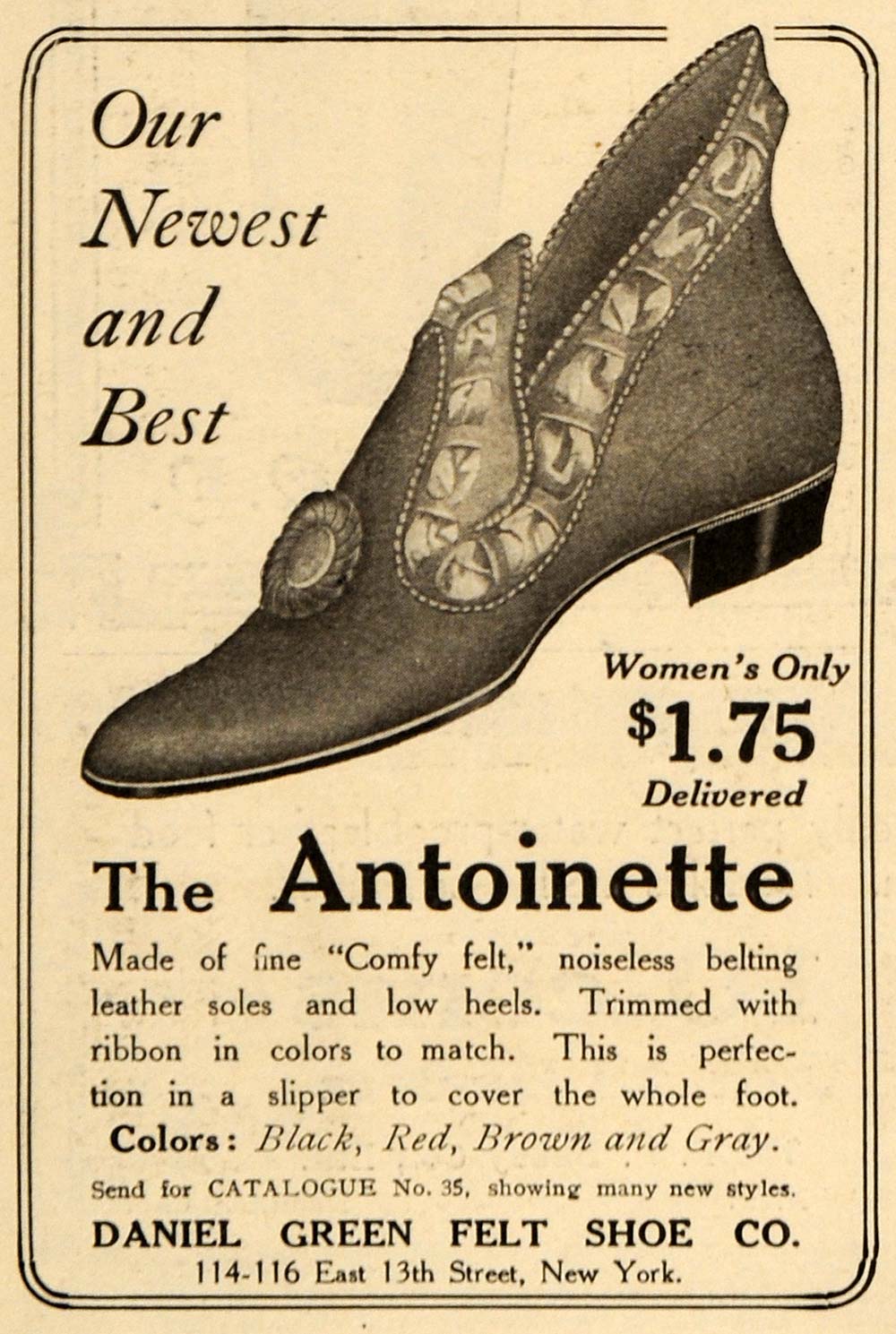1909 Ad Daniel Green Felt Women Shoe Antoinette Wear - ORIGINAL ADVERTISING EM2