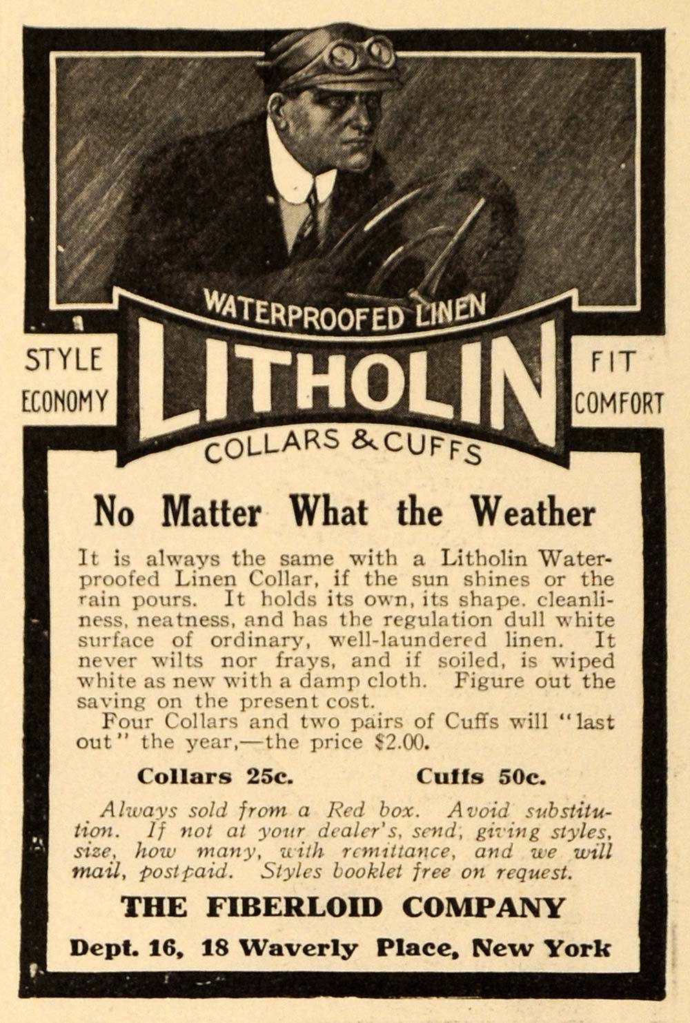 1909 Ad Fiberloid Co Waterproofed Linen Litholin Collar - ORIGINAL EM2