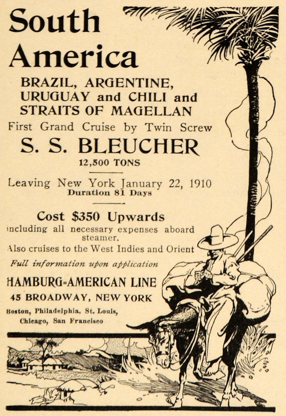 1909 Ad Hamburg American Line Cruise South America - ORIGINAL ADVERTISING EM2