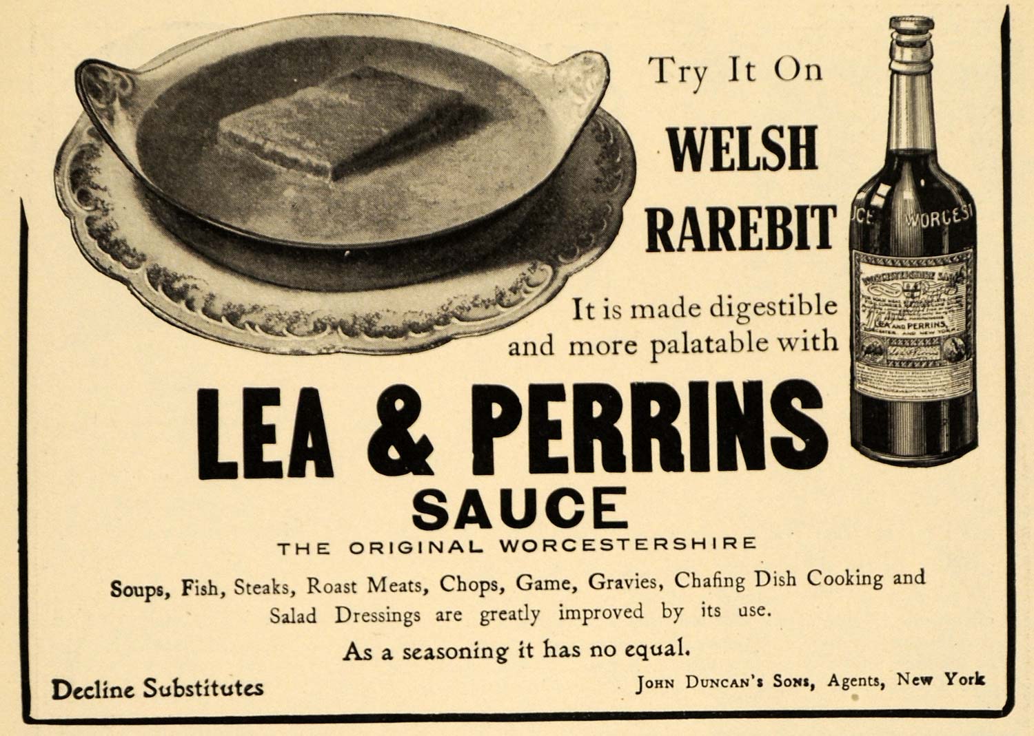 1909 Ad John Duncan Lea & Perrins Sauce Welsh Rarebit - ORIGINAL ADVERTISING EM2