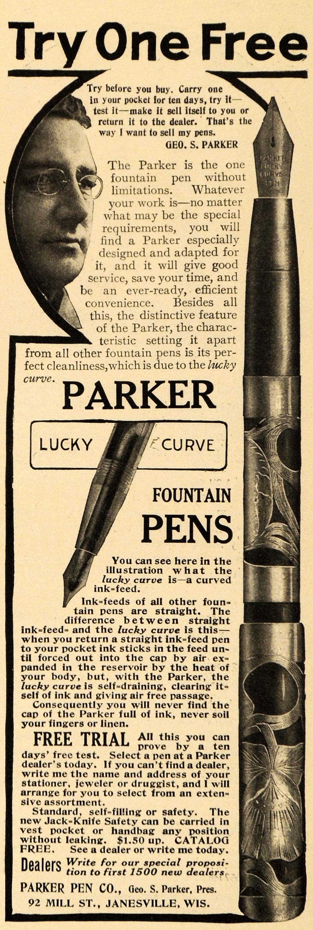 1909 Ad Parker Co. Fountain Pens Ink Janesville WI - ORIGINAL ADVERTISING EM2