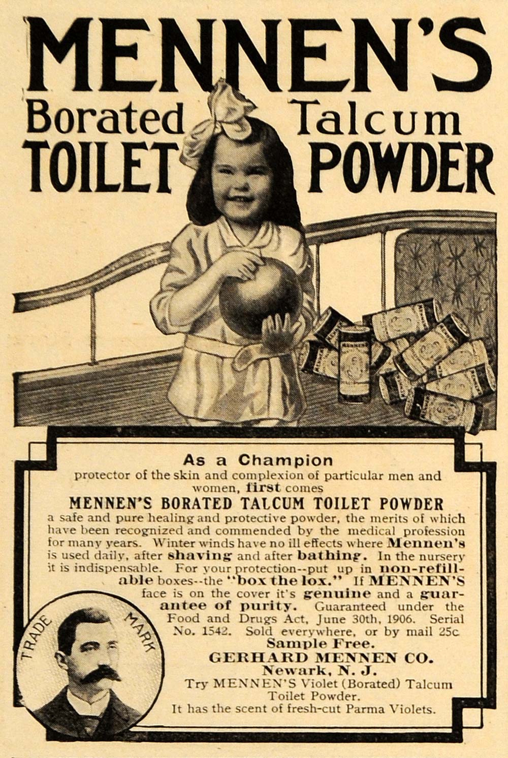 1908 Ad Mennen's Borated Talcum Toilet Powder Girl NJ - ORIGINAL ADVERTISING EM2