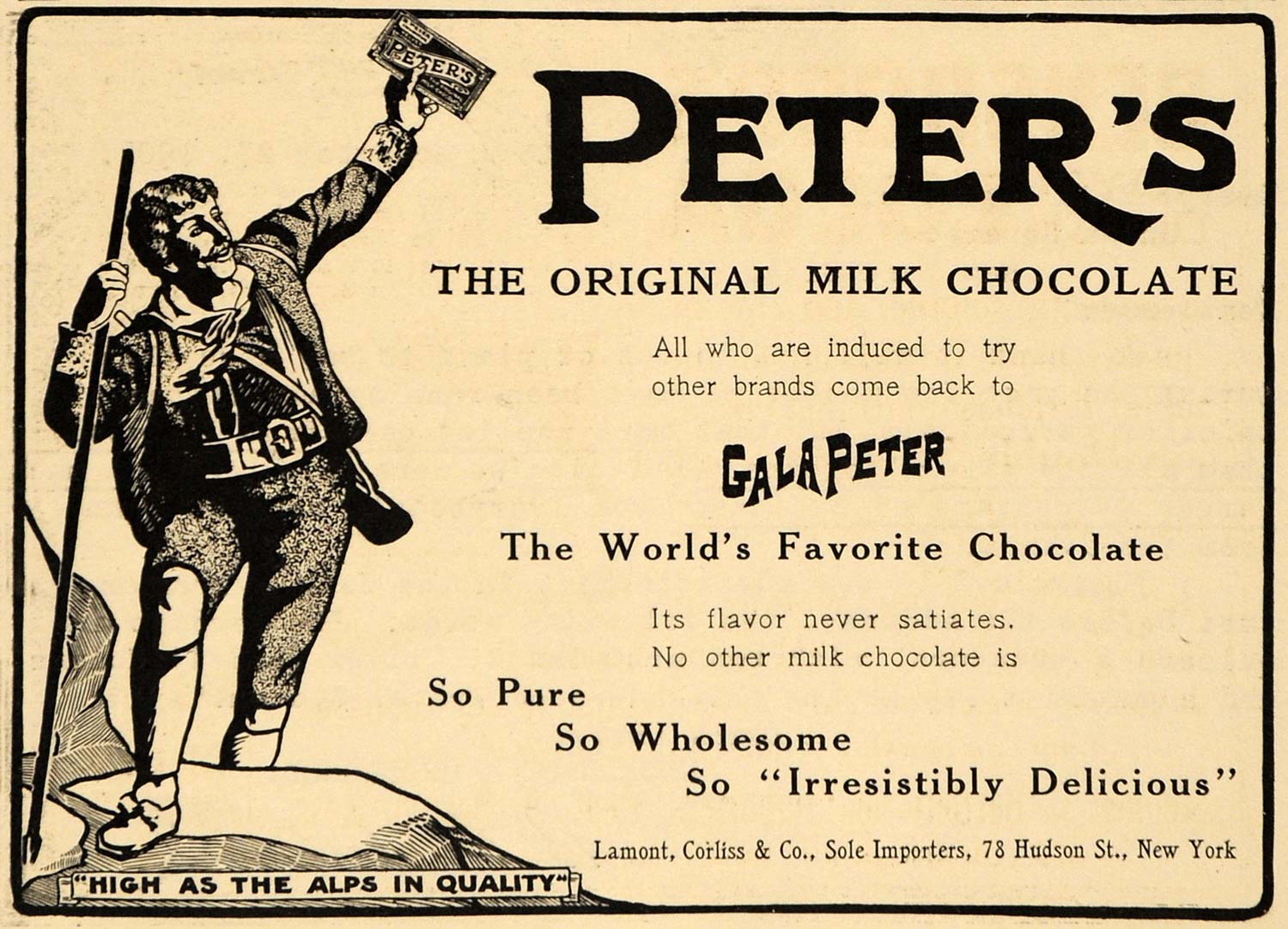 1908 Ad GalaPeter Milk Chocolate Candy Lamont Corliss - ORIGINAL ADVERTISING EM2