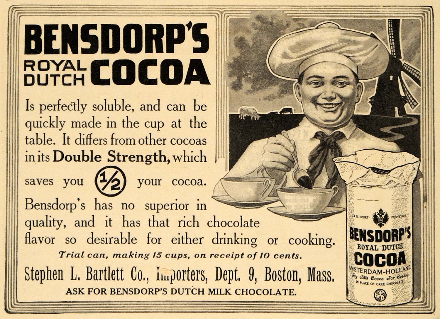 1908 Ad Bensdorp's Royal Dutch Cocoa Stephen Bartlett - ORIGINAL ADVERTISING EM2