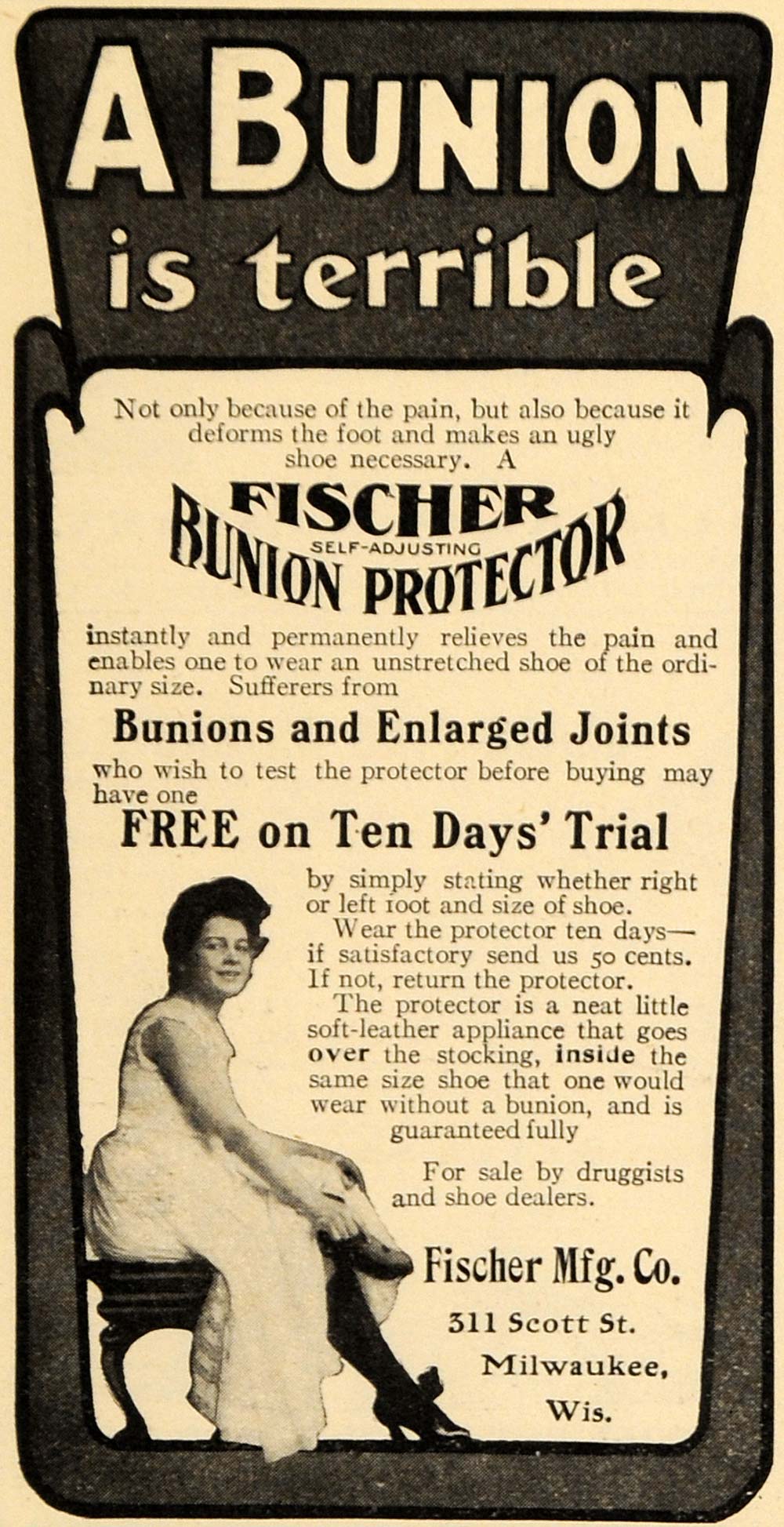 1905 Ad Fischer Bunion & Enlarged Joints Protector WI - ORIGINAL ADVERTISING EM2