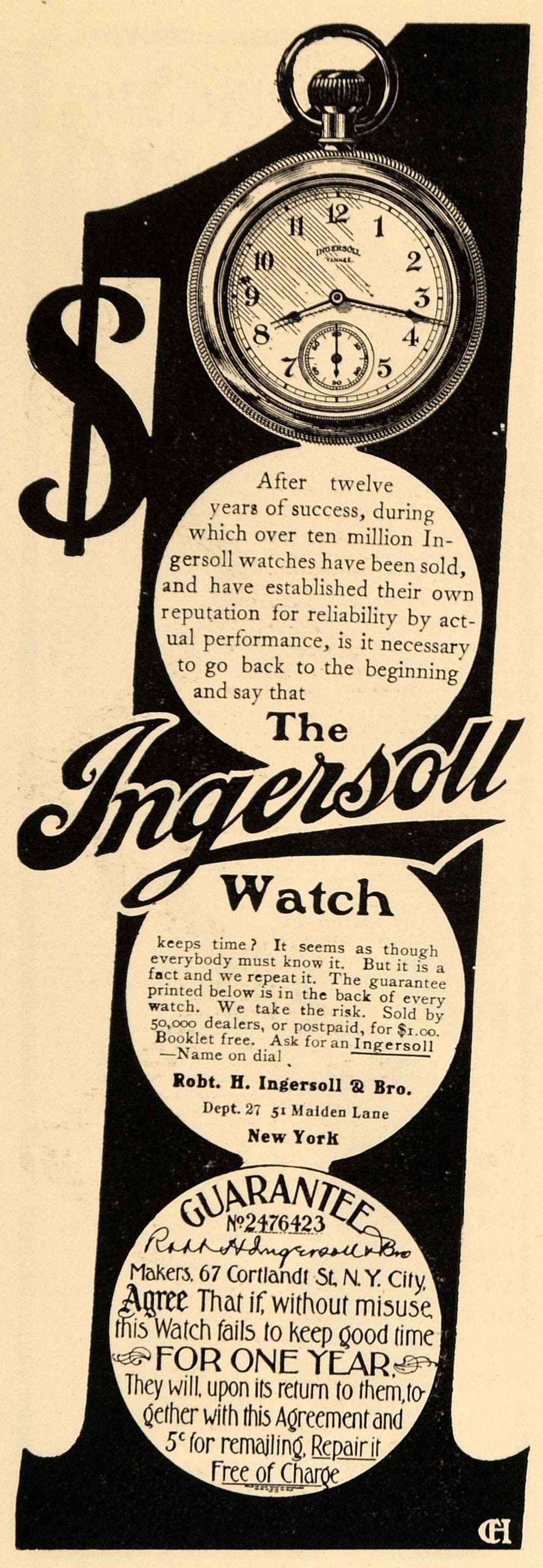 1905 Ad Robert H Ingersoll Pocket Watch 51 Maiden Ln NY - ORIGINAL EM2