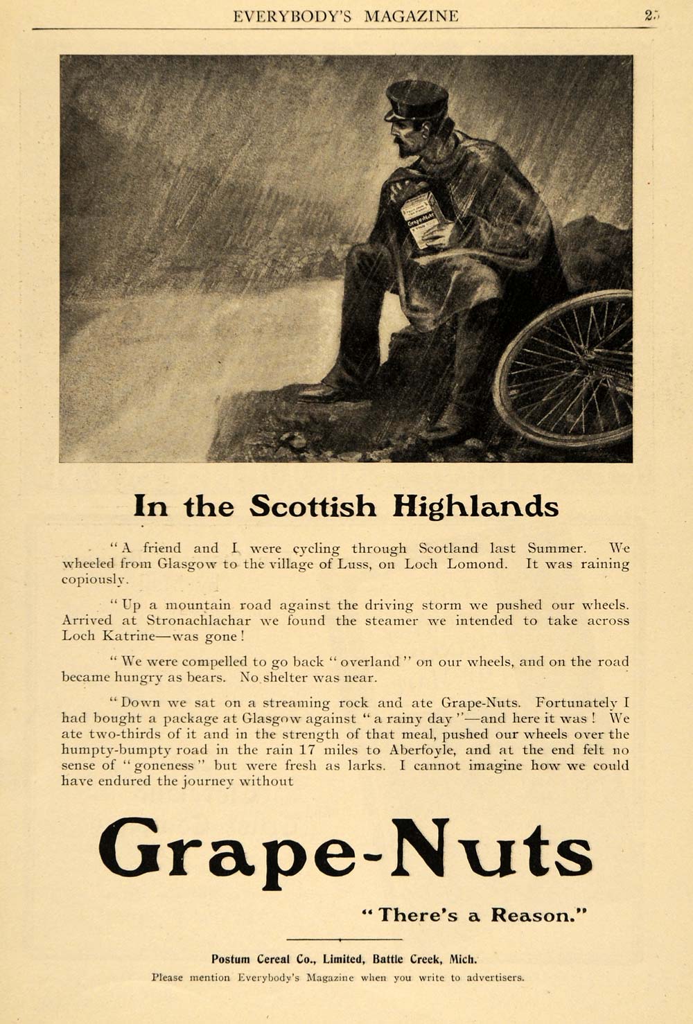 1908 Ad Postum Cereal Co. Grape Nuts Scottish Highlands - ORIGINAL EM2