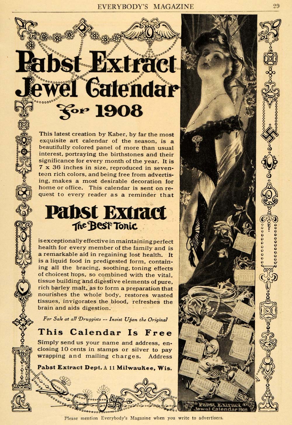 1908 Ad Pabst Extract Tonic Perfume Jewel Calendar Lady - ORIGINAL EM2