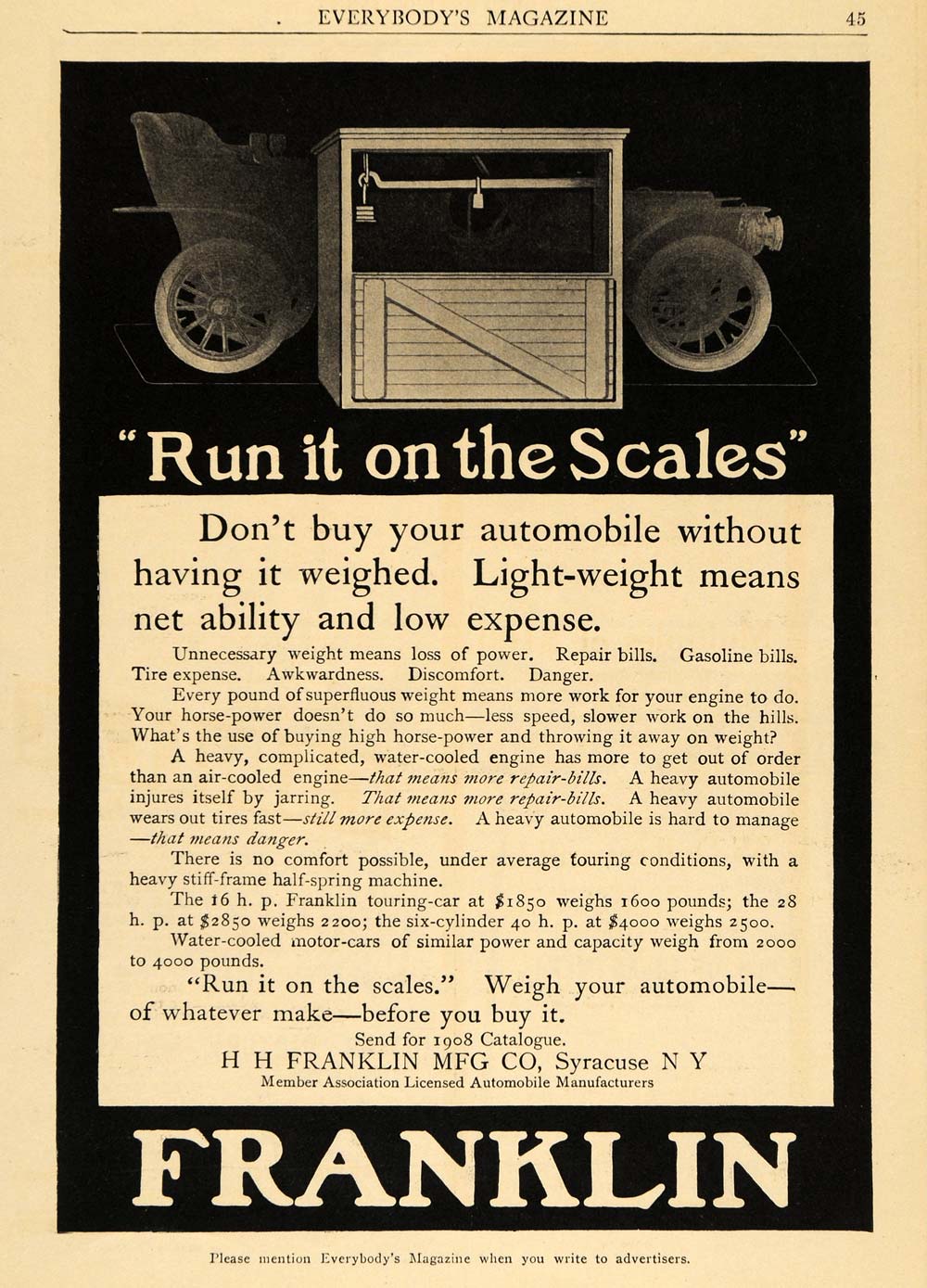 1908 Ad H H Franklin Manufacturing Co. Vintage Auto - ORIGINAL ADVERTISING EM2