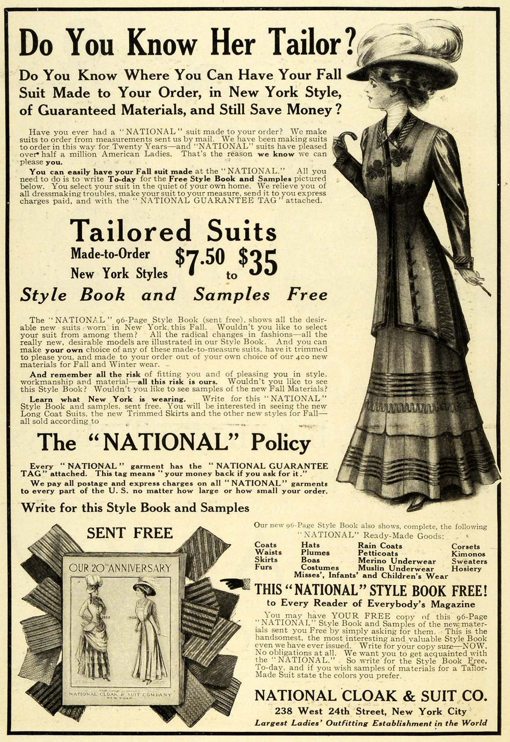 1908 Ad Womens Tailored Suits Hat Dress National Cloak Suit Company Fashion EM2