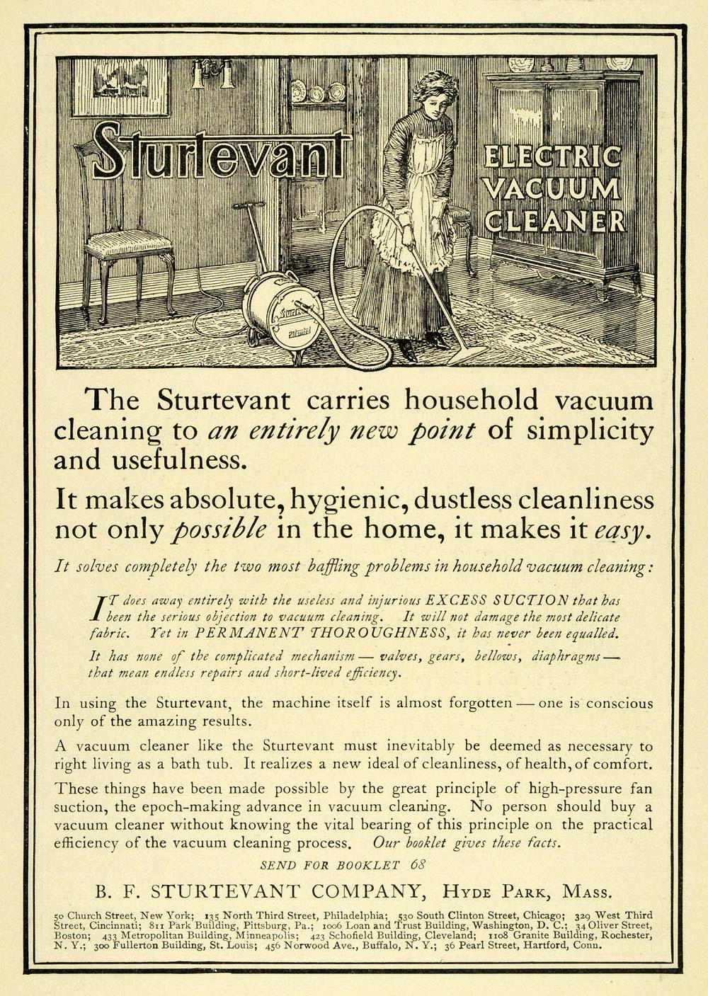 1911 Ad Sturtevant Company Electric Vacuum Cleaner Hyde Park Massachusetts EM2