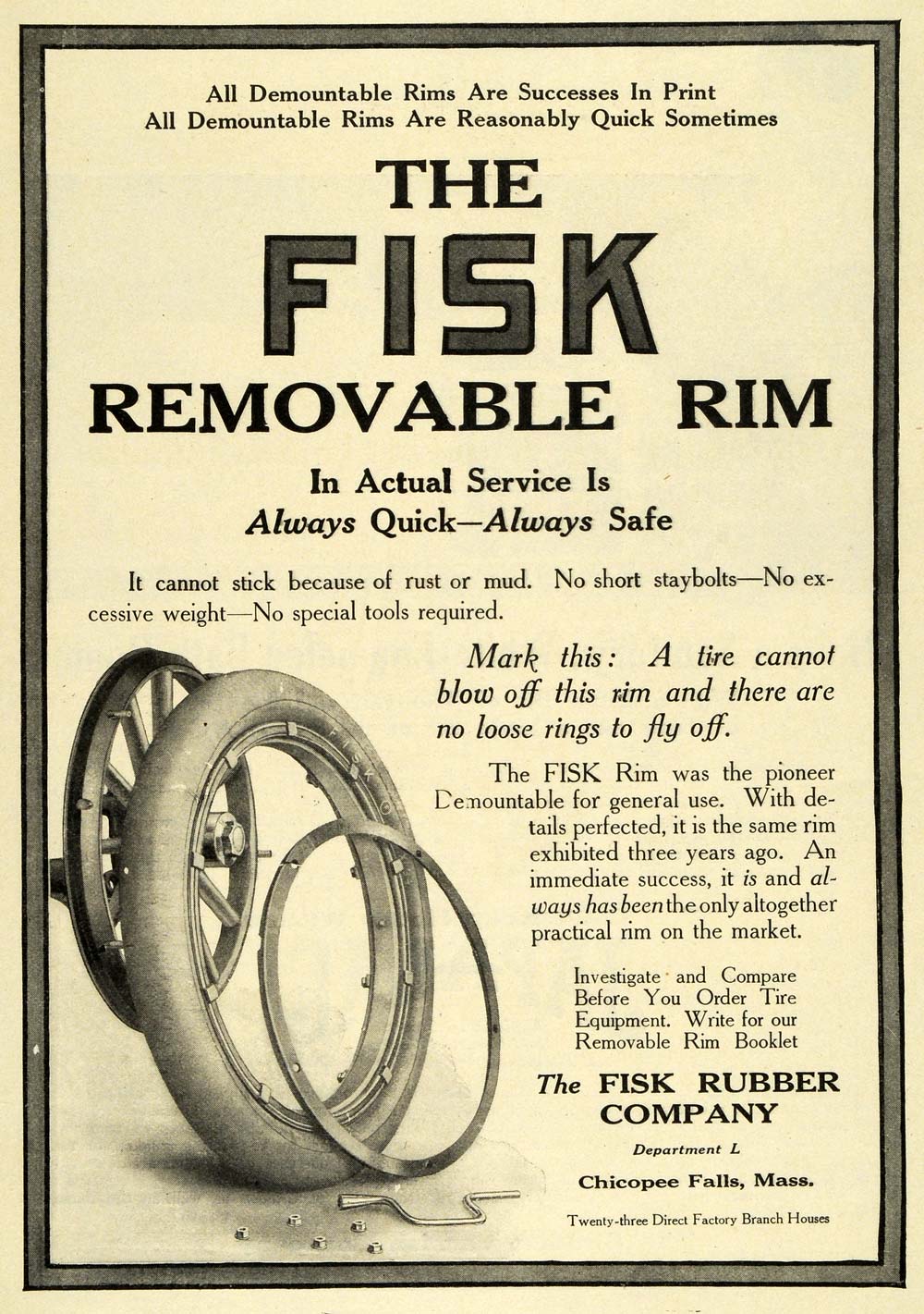 1911 Ad Fisk Rubber Company Removable Rim Tire Car Part Accessory Chicopee EM2