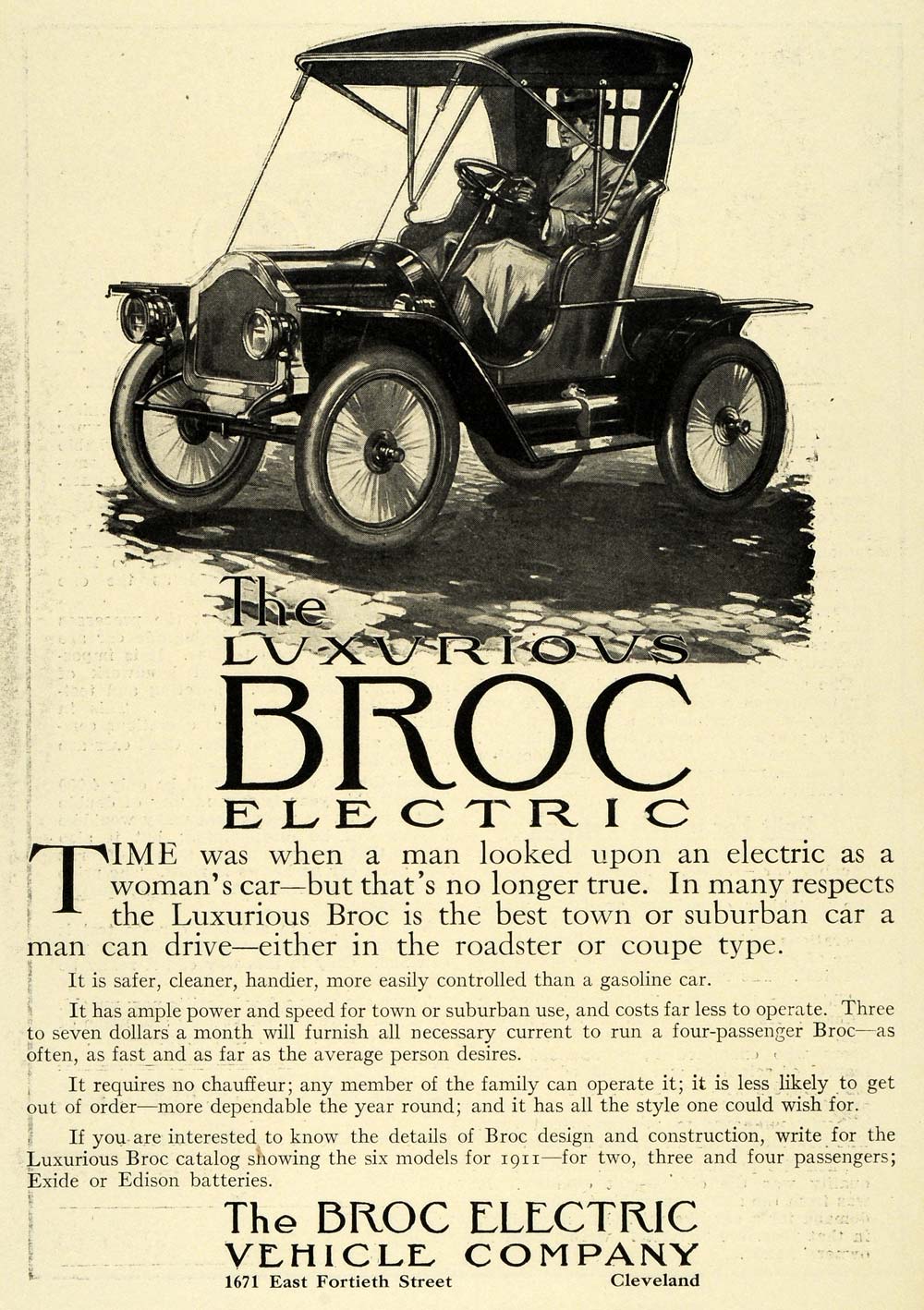 1911 Ad Luxurious Broc Electric Vehicle Company Roaster Coupe Car Automobile EM2