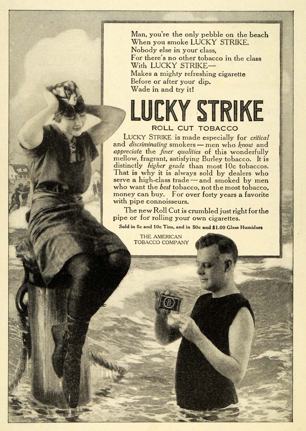 1915 Ad American Tobacco Lucky Strike Roll Cut Leaf Beach Summer Fashion EM2
