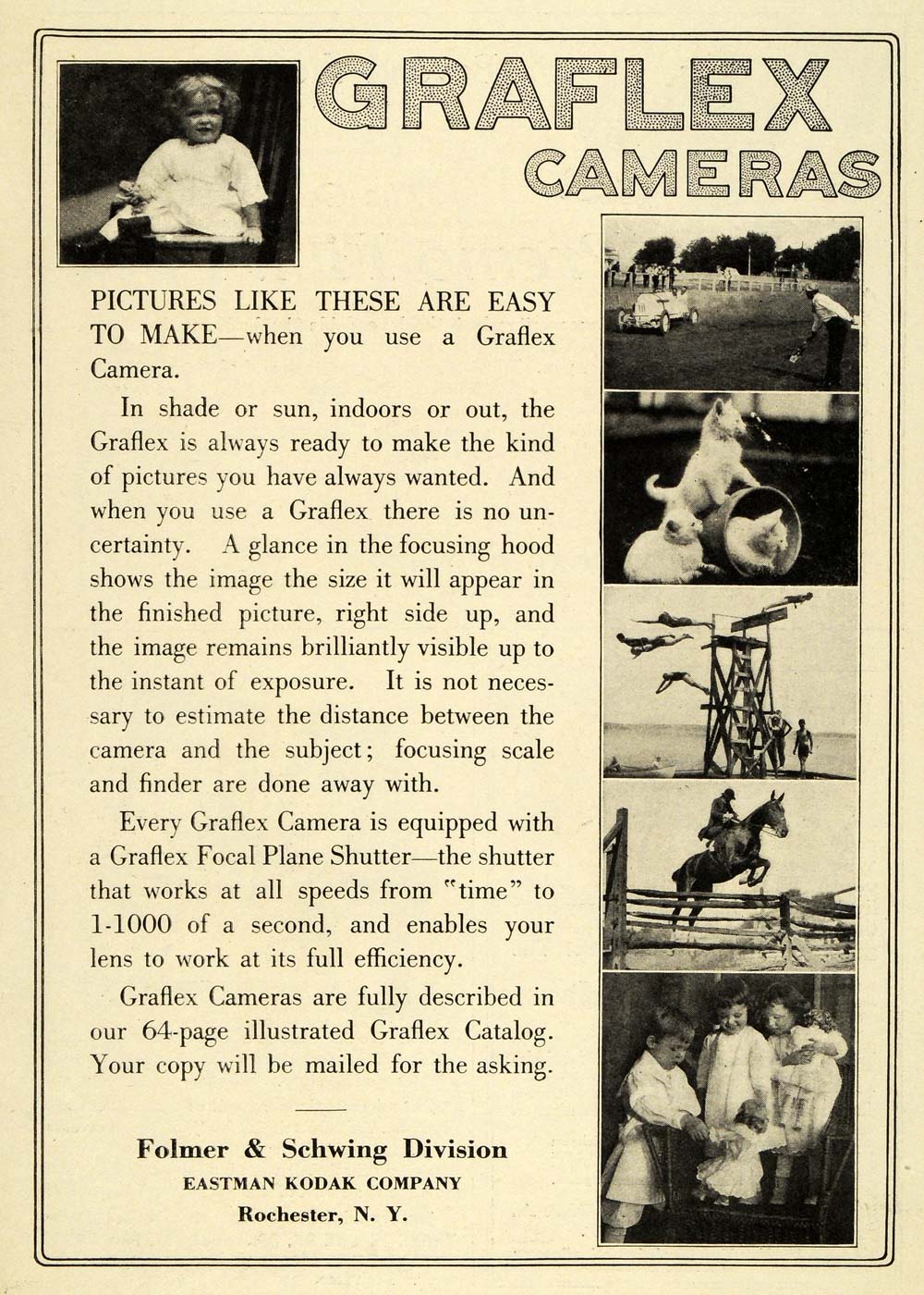 1915 Ad Eastman Kodak Folmer Schwing Graflex Cameras Children Pets Horse EM2