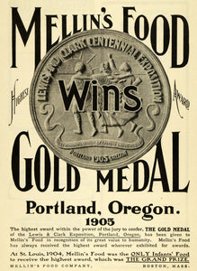 1906 Ad Mellin's Infant Food Gold Medal Lewis Clark Centennial Exposition EM2