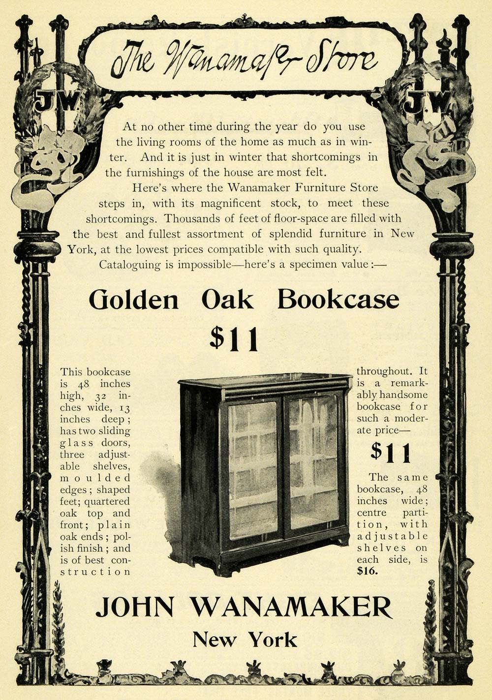 1902 Ad John Wanamaker Department Store NY Golden Oak Bookcase Furniture EM2