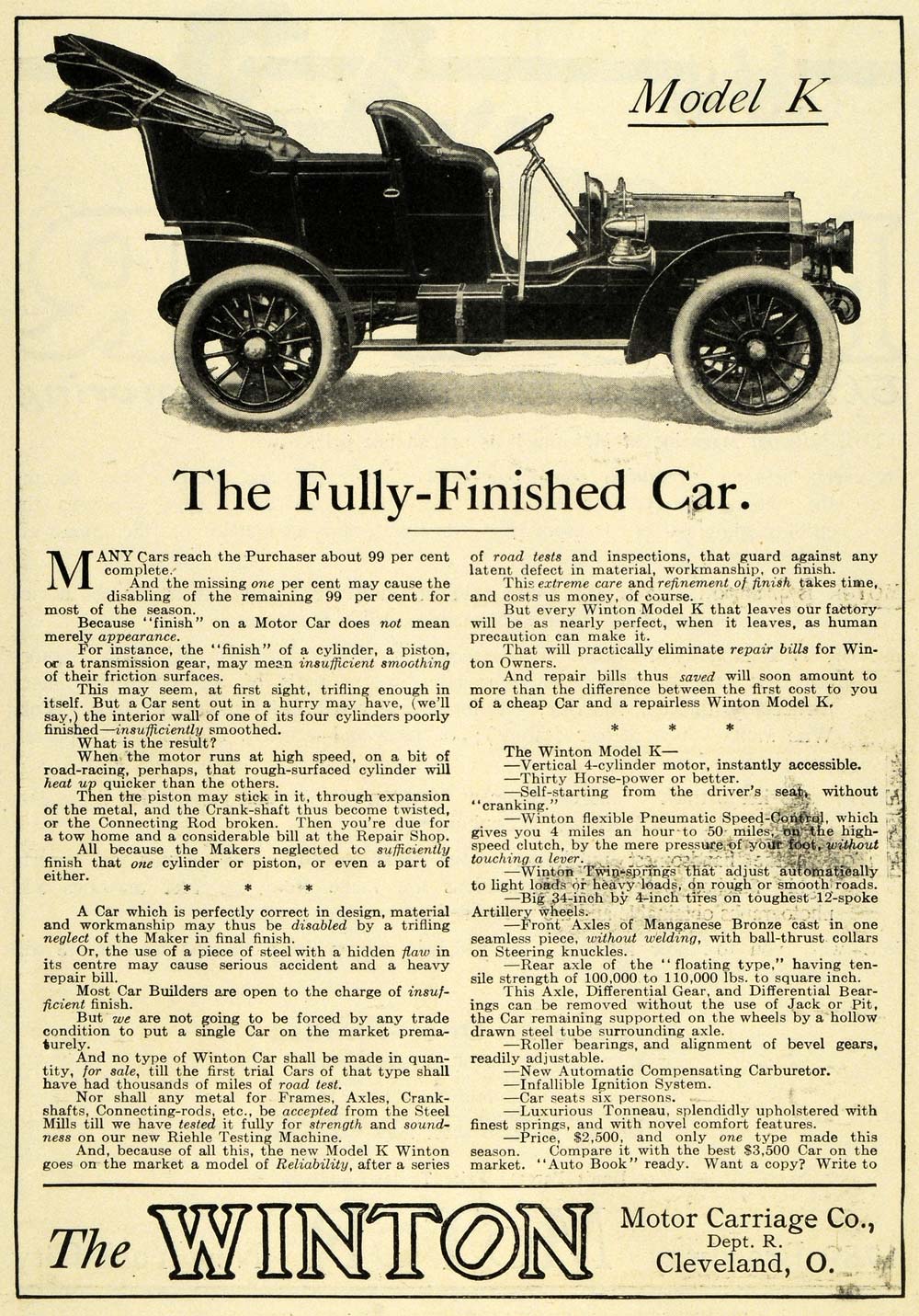 1905 Ad Winton Motor Carriage Co Model K Automobile Vintage Car Motor EM2