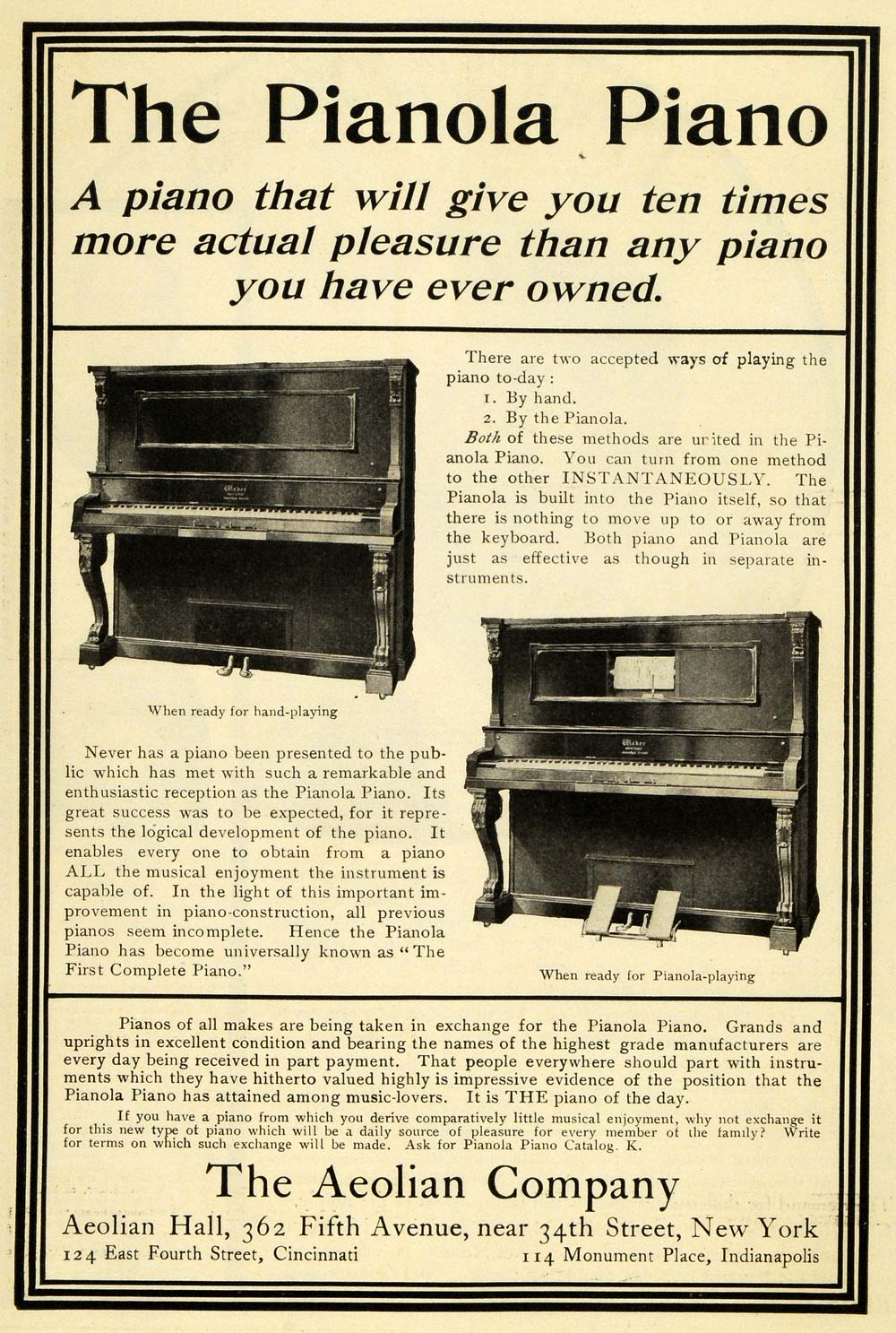 1906 Ad Aeolian Co. Piano Musical Instrument Vintage Pianola Antique Music EM2