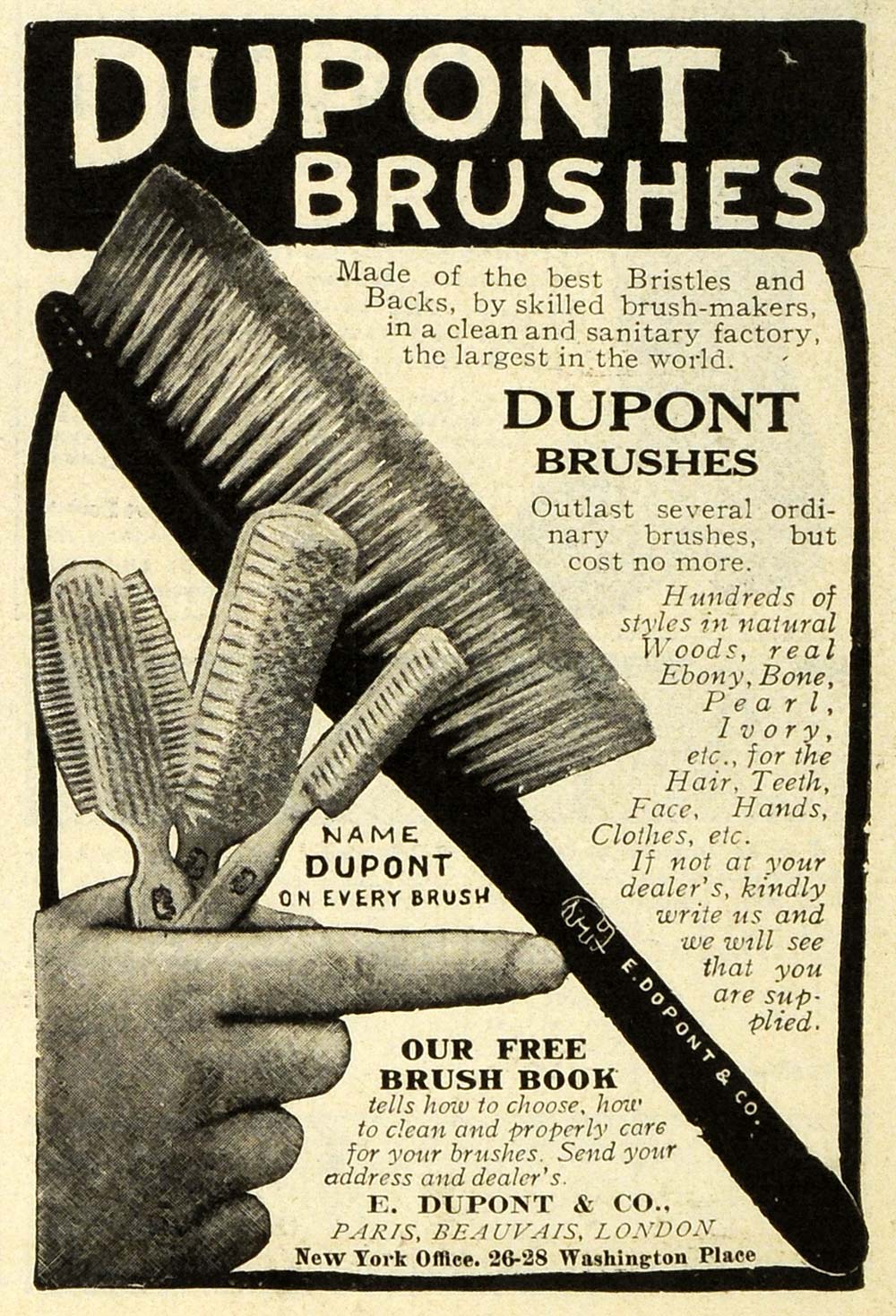 1908 Ad E. I. Du Pont de Nemours Brushes Bristles Hair Teeth Facial Hand EM2