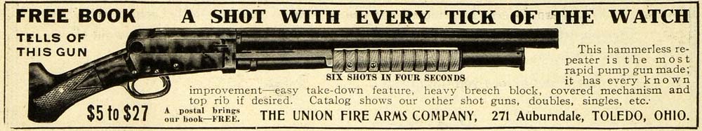 1908 Ad Union Fire Arms Shotgun Rifle Hunting Personal Protection Hammerless EM2