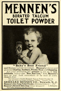 1908 Ad Gerhard Mennen Borated Talcum Toilet Powder Baby Best Friend Skin EM2