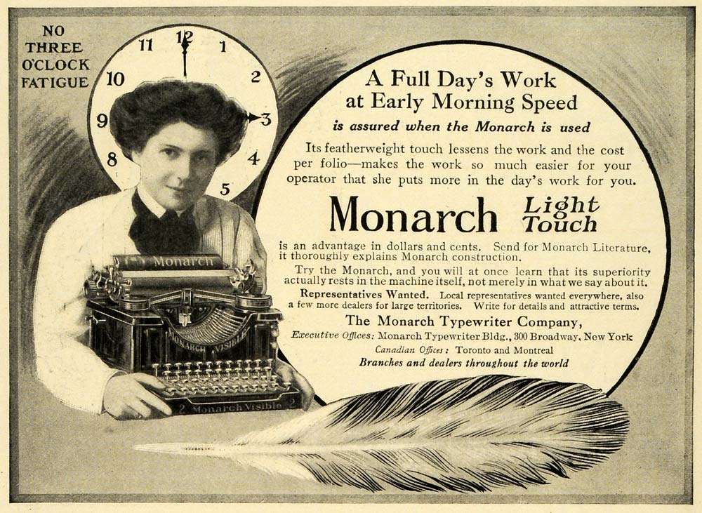 1911 Ad Antique Monarch Light Touch Typewriter Typist Secretary Office EM2