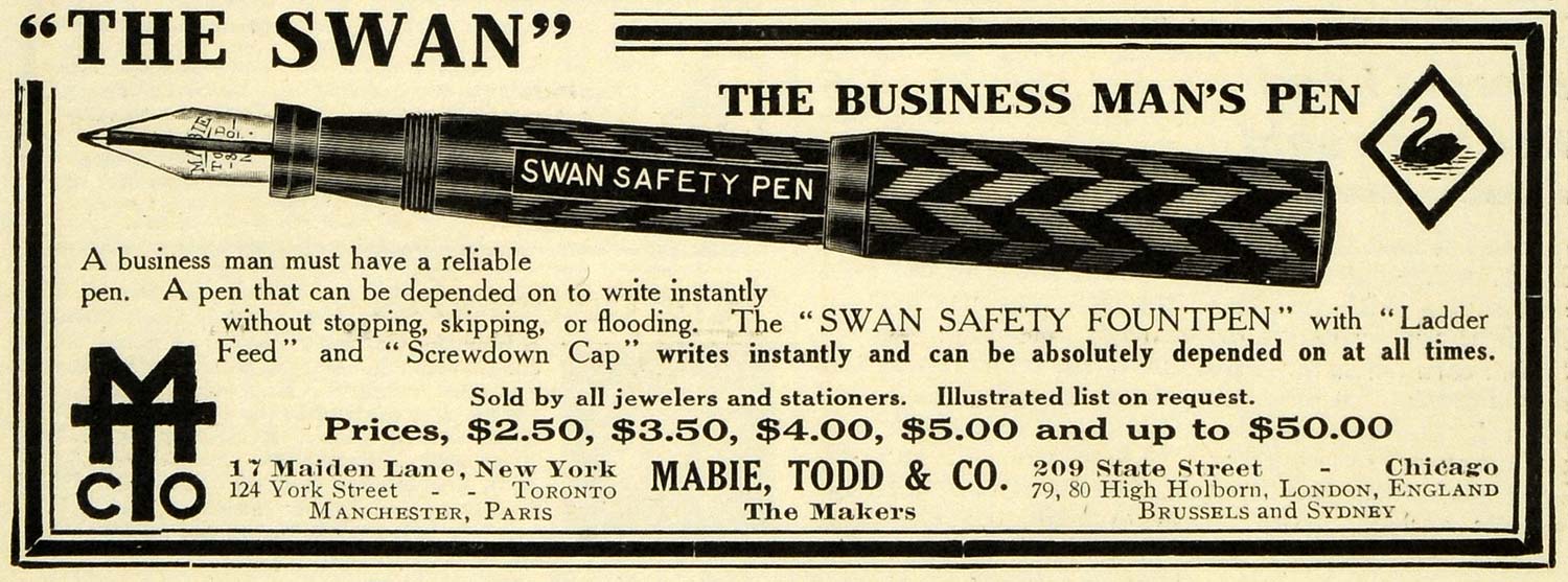 1911 Ad Mabie Todd Co Logo Swan Safety Fountain Pen Vintage Chicago Illinois EM2
