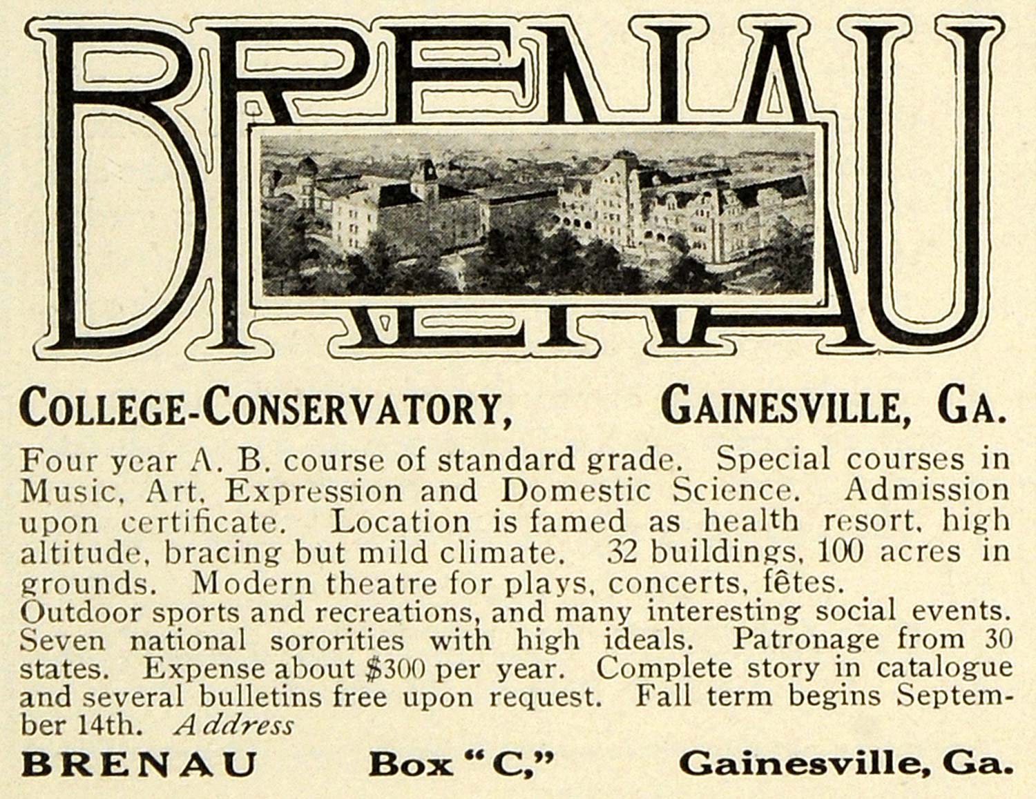 1915 Ad Brenau College Conservatory Gainesville Georgia Campus Photograph EM2
