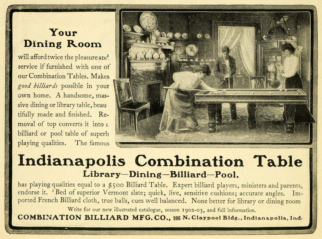 1902 Ad Indianapolis Combination Billiard Mfg Company Pool Library Dining EM2 - Period Paper
