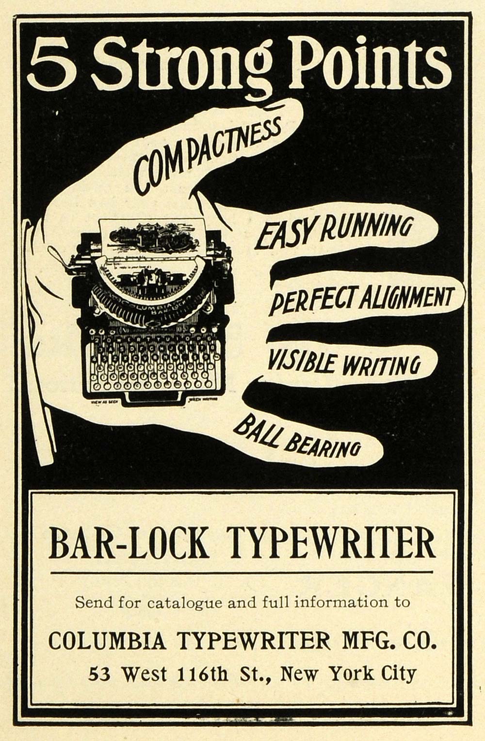 1902 Ad Bar Lock Typewriter Columbia Manufacturing Company 5 Strong Points EM2