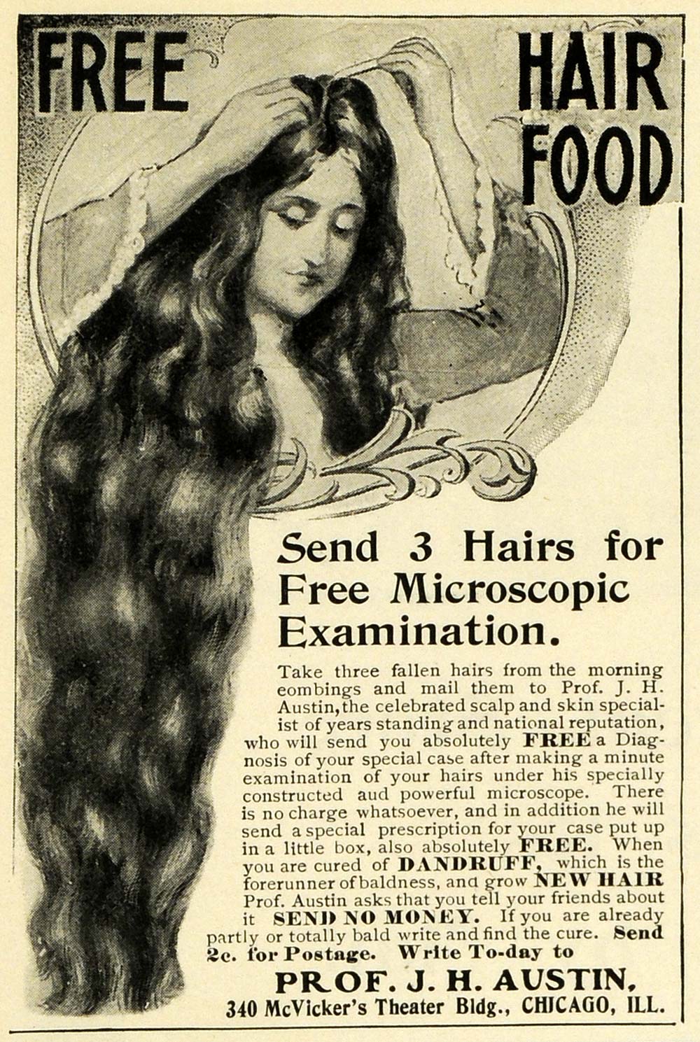 1902 Ad Professor J H Austin Mail in Hair Food Dandruff Cure Treatment EM2