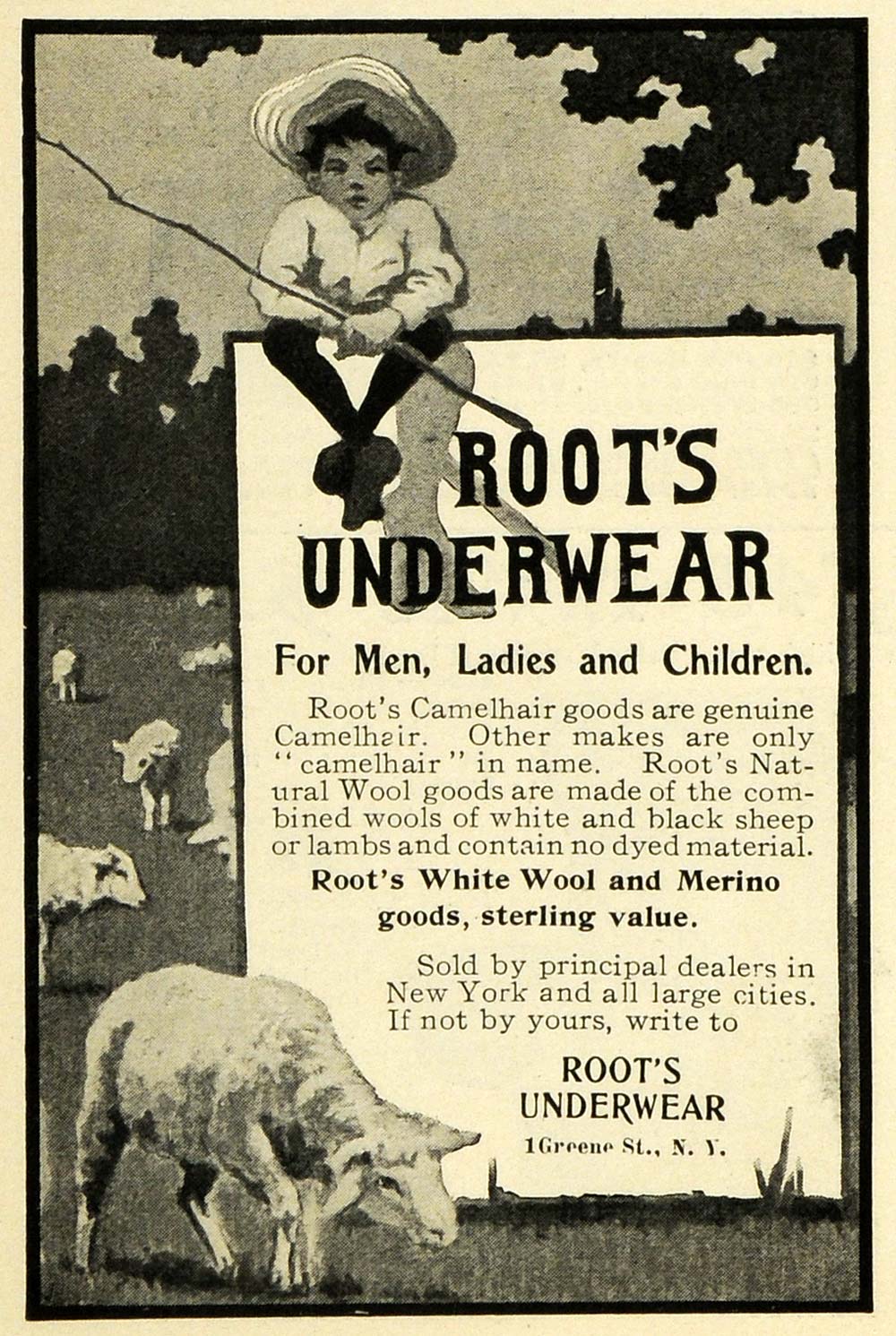 1902 Ad Roots Underwear Men Ladies Children Sheep Herder Boy Camel Hair Wool EM2
