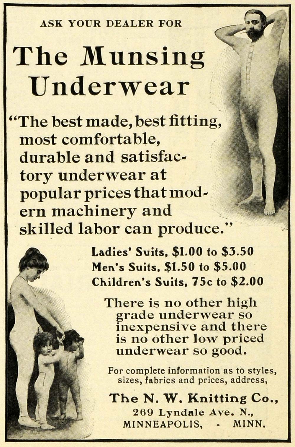 1902 Ad Munsing Underwear N W Knitting Union Suits Men Ladies Children EM2