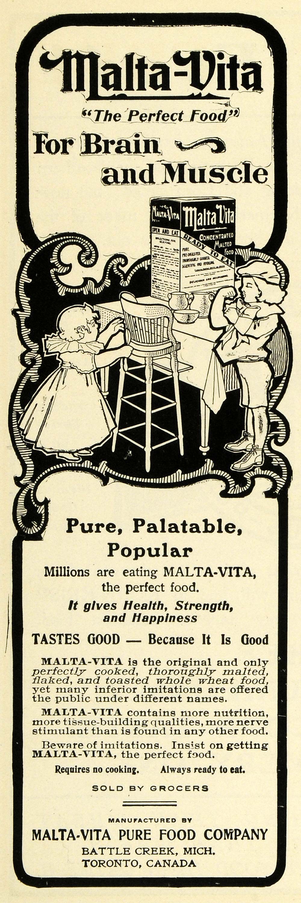 1902 Ad Malta-Vita Brain Boy Flexed Muscle Food Pure Food Children Whole EM2