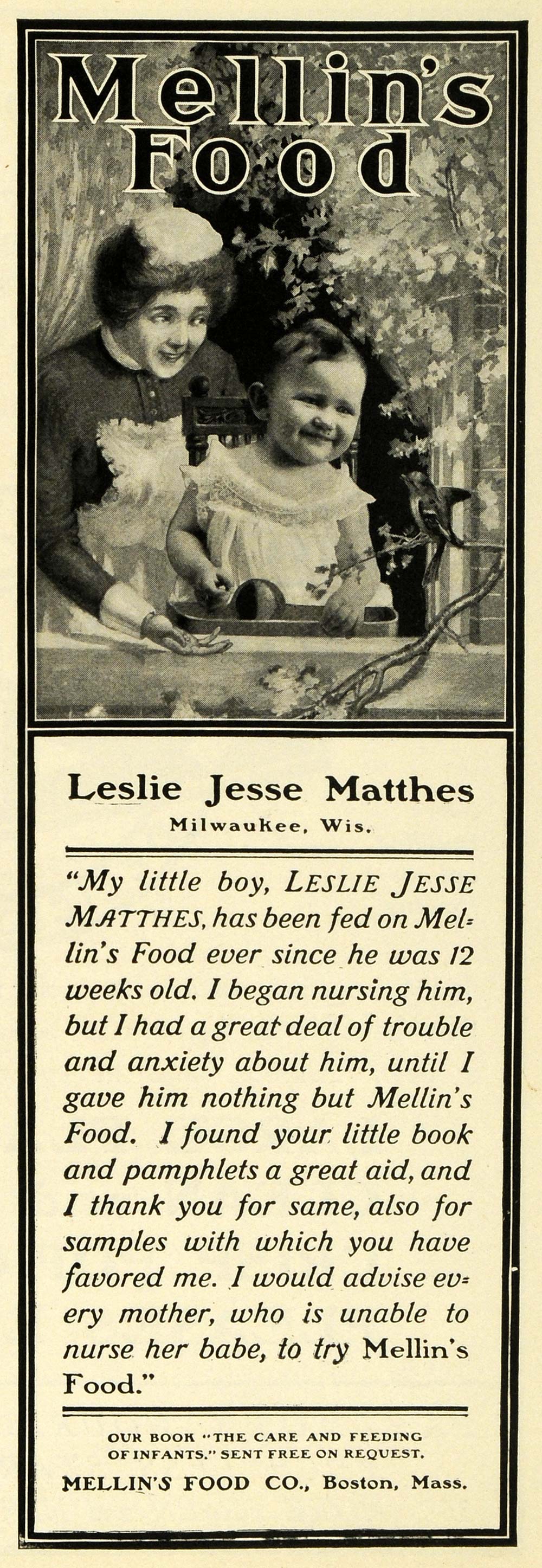 1902 Ad Leslie Jesse Matthes Milwaukee Mellins Food Baby Maid Nanny EM2