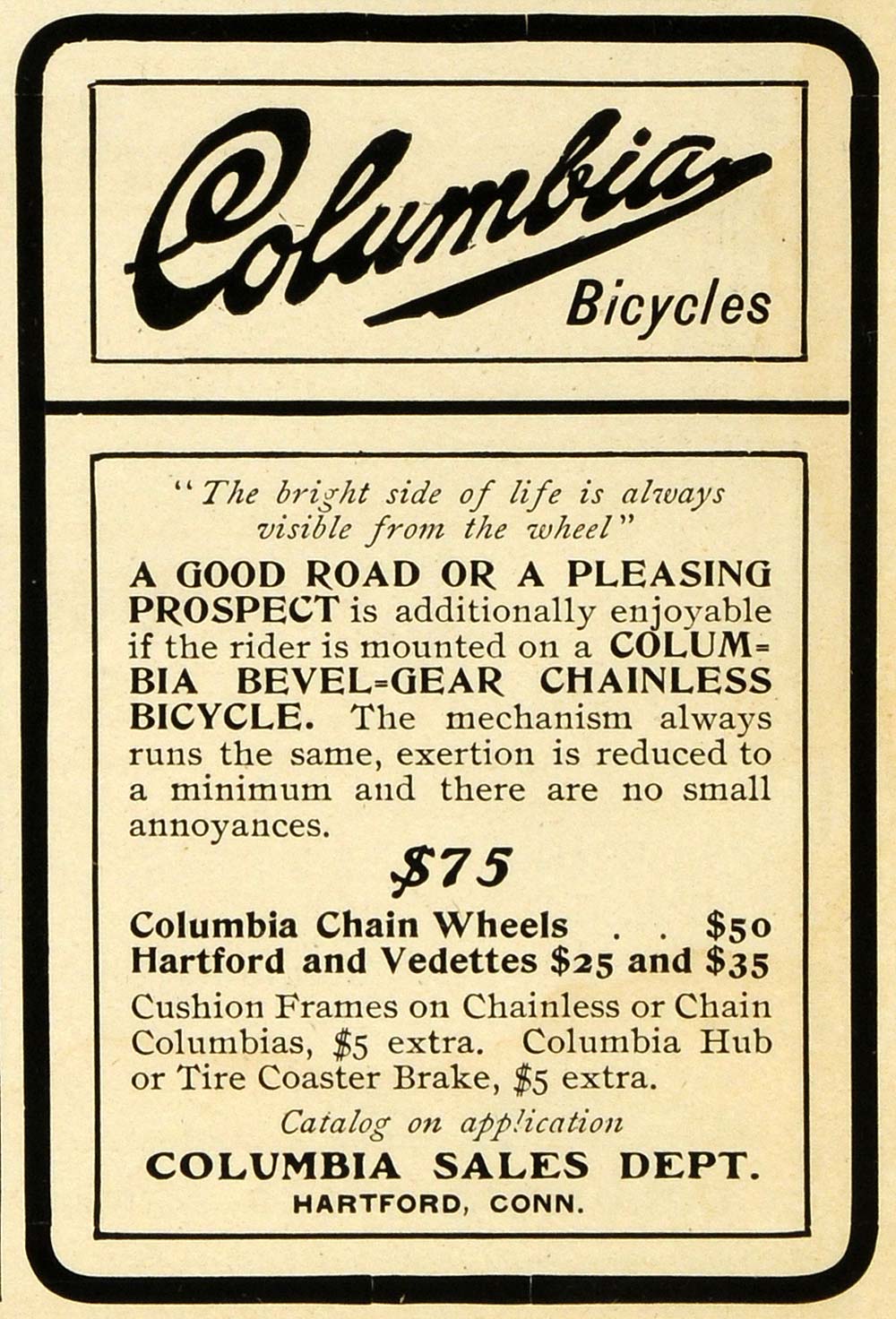 1901 Ad Columbia Bicycles Bevel Gear Chainless Vedettes Hartford Chain EM2