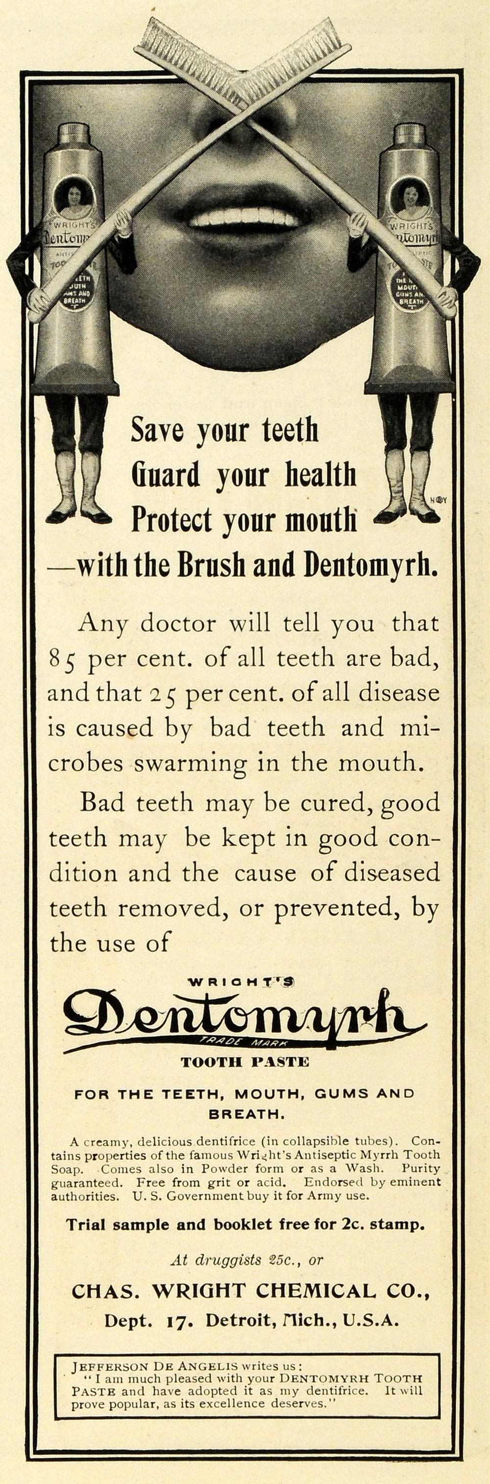 1901 Ad Dentomyrh Tooth Paste Brush Chas Wright Chemical Jefferson De EM2